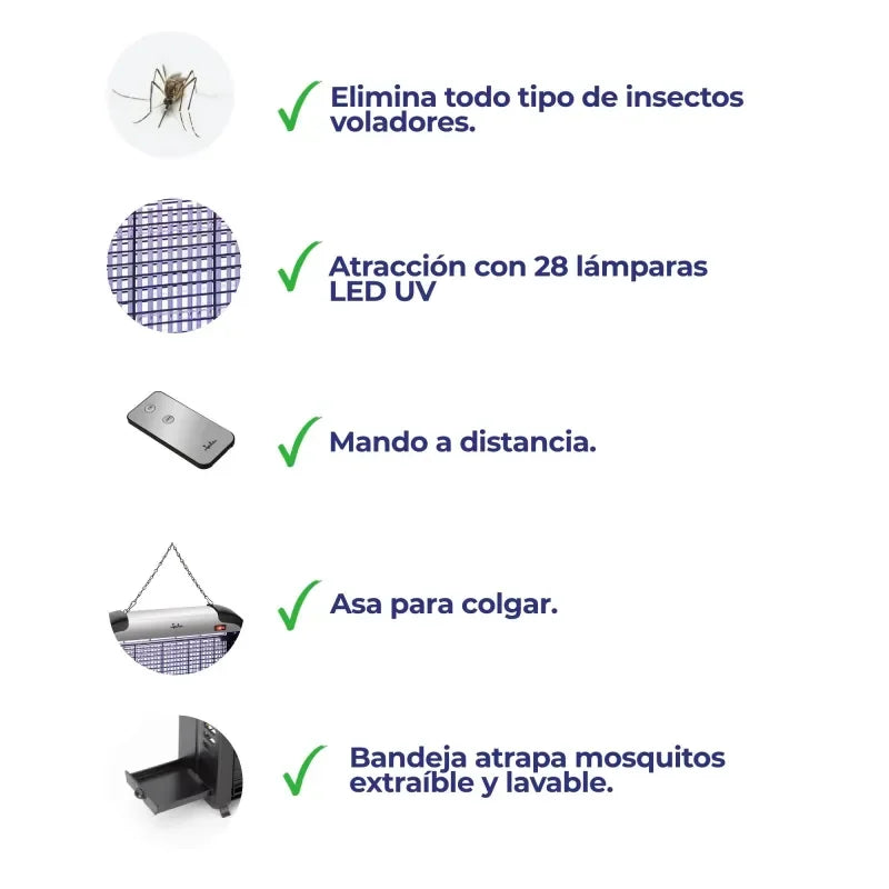 Características de un eliminador de insectos voladores eléctrico con luz LED UV, control remoto y bandeja extraíble.