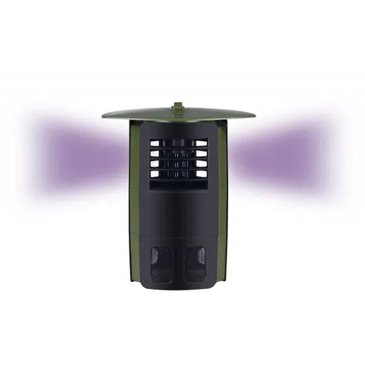 Trampa eléctrica antimosquitos negra y verde con luz violeta, ideal para el hogar