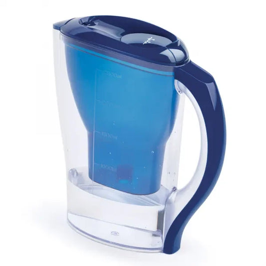 Jarra purificadora de agua transparente y azul con filtro, capacidad 2,5 litros