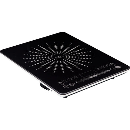 Placa de cocina de inducción portátil negra con panel táctil y diseño moderno.