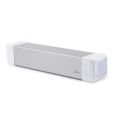 Purificador de aire germicida blanco de mesa, diseño rectangular, botón visible, filtro lateral